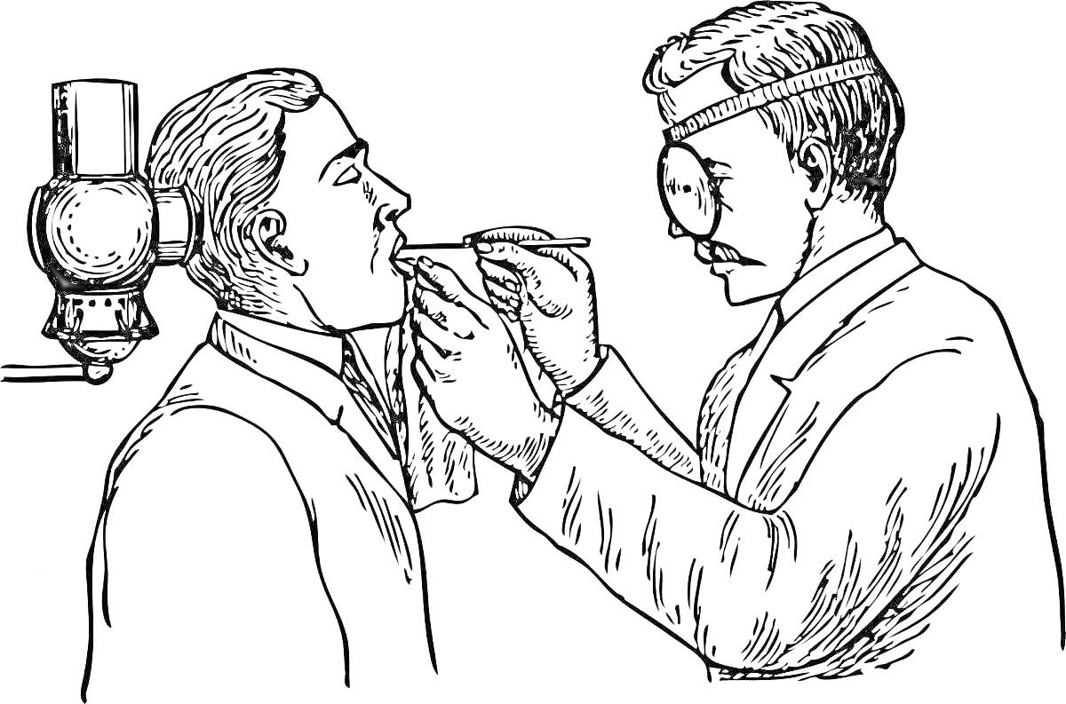 На раскраске изображено: Доктор, Пациент, Осмотр, Рот, Шпатель, Медицинское оборудование, Медицина, Хирургия