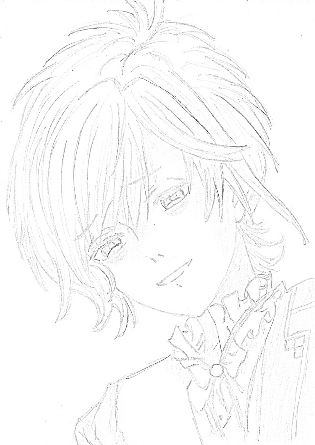 Раскраска Портрет аниме-персонажа с короткими волосами и сложным воротником