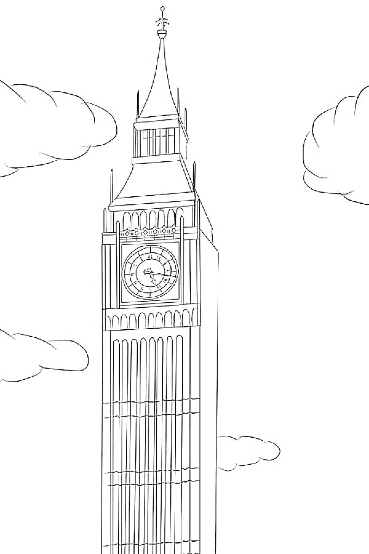 На раскраске изображено: Биг Бен, Часы, Облака, Архитектура, Лондон, Англия, Башни, Достопримечательности, Контурные рисунки, Памятники