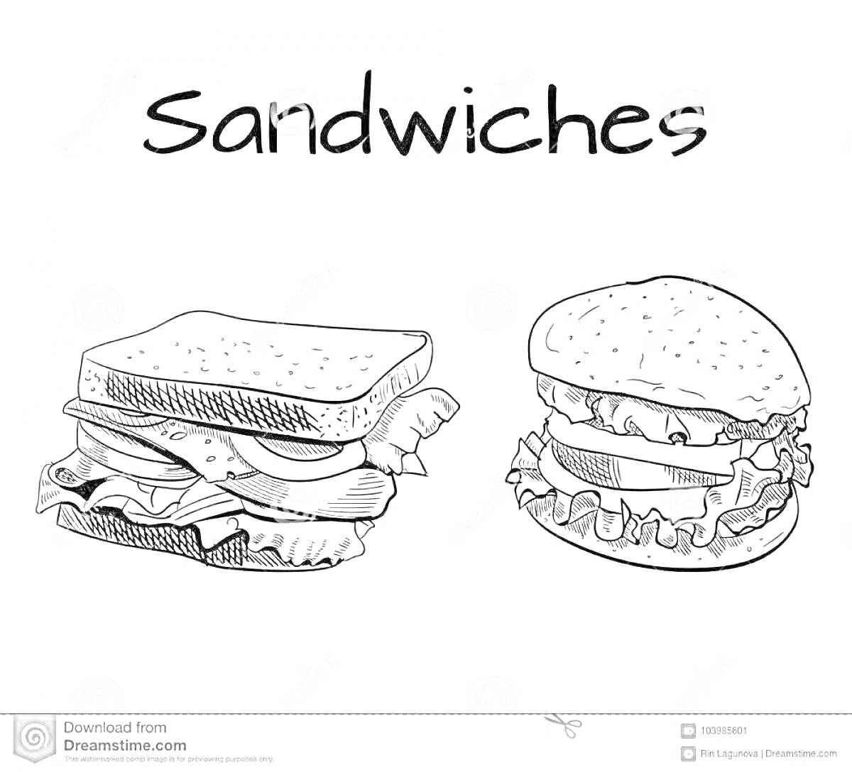 На раскраске изображено: Для детей, Сэндвич, Бургер, Хлеб, Бутерброд, Еда