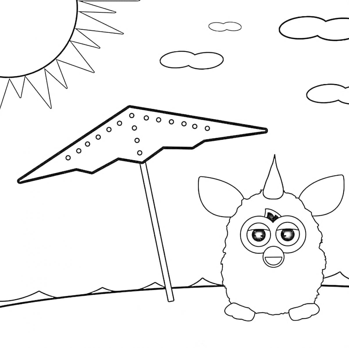 На раскраске изображено: Зонт, Солнце, Горы, Облака, Отдых, Пляж