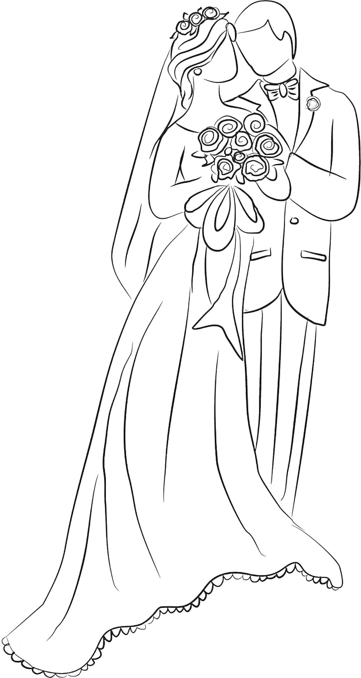 Раскраска Жених и невеста с букетом роз