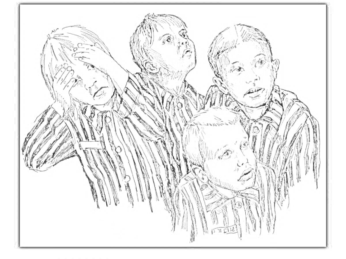 Раскраска четыре ребенка в полосатой тюремной форме
