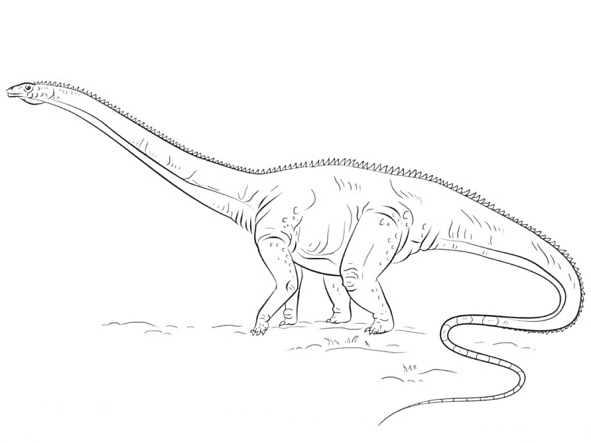 На раскраске изображено: Динозавр, Длинная шея, Длинный хвост, Природа, Земля