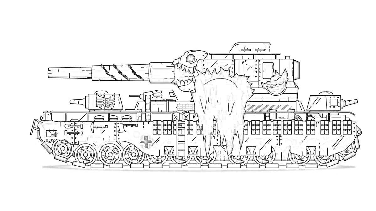 Раскраска Стальной танк с черным монстром и черепом на башне