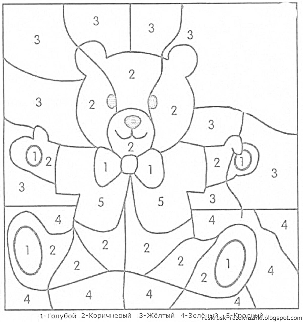 На раскраске изображено: Схема, По номерам, Галстук-бабочка, Цифры, Цвета, Для детей, Медведь