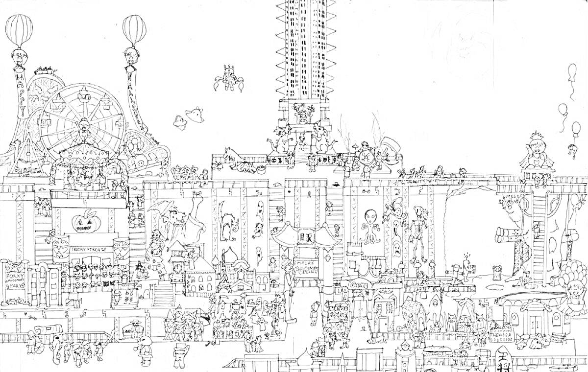 На раскраске изображено: Майнкрафт, Здания, Постройки, Жители, Воздушные шары, Активность, Игра