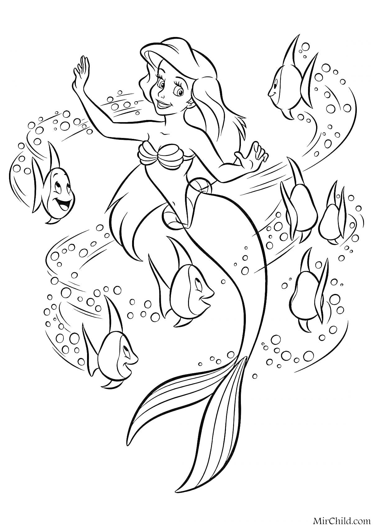 Раскраска Русалка Ариэль с пятью рыбками и пузырьками