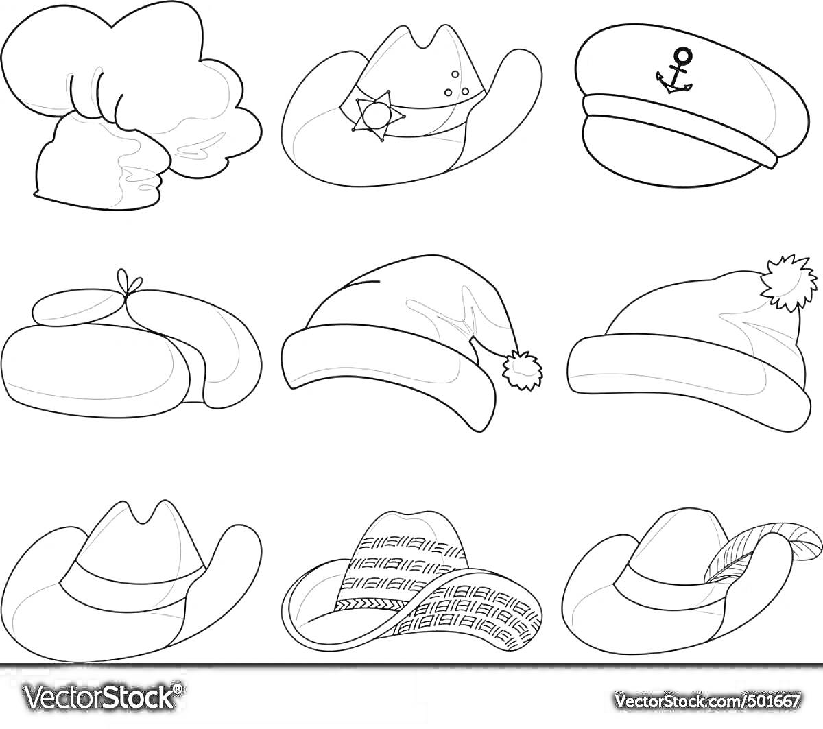 Раскраска Раскраска головные уборы для детей: поварской колпак, ковбойская шляпа со звездой, морская фуражка с якорем, берет с помпоном, шапка Санты, зимняя шапка с помпоном, ковбойская шляпа, шляпа с узором, шляпа с бантом