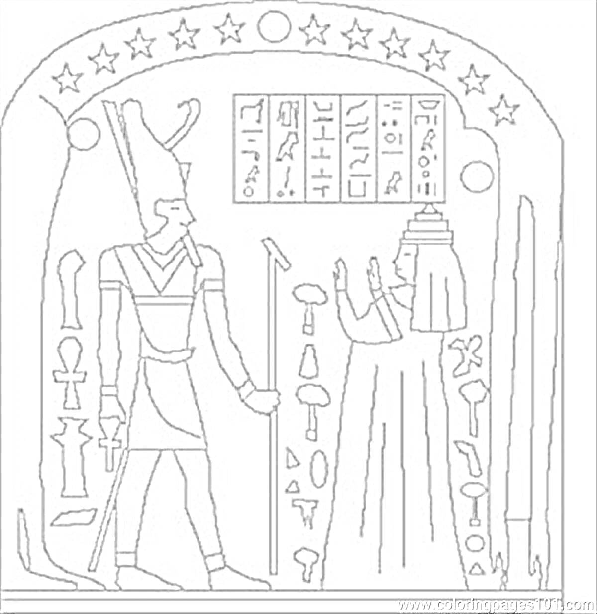На раскраске изображено: Египет, Фараон, Иероглифы, Звезды, Древний Египет, Символы