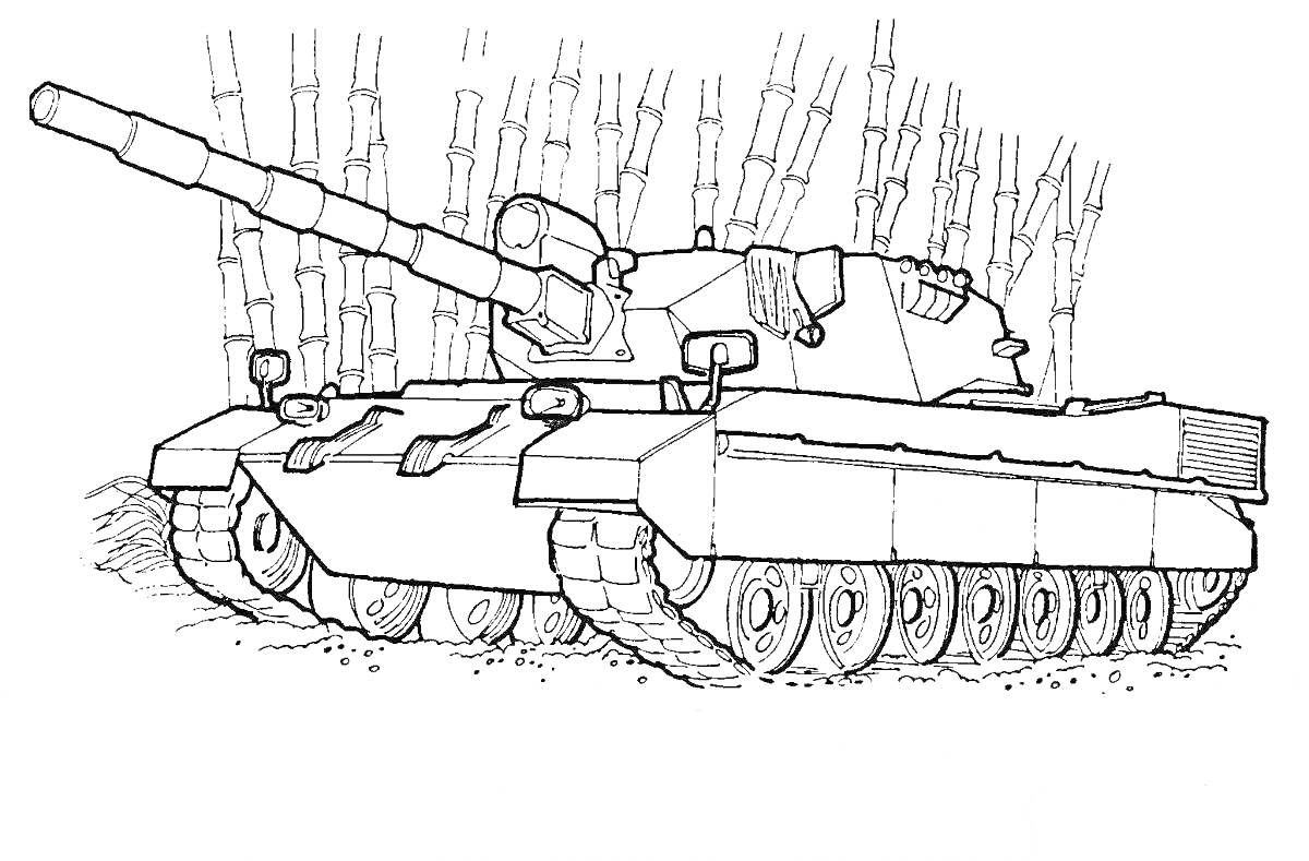 На раскраске изображено: Танк, Гусеничная техника, Артиллерийское орудие, Бамбук, Лес, Военная техника, Природа