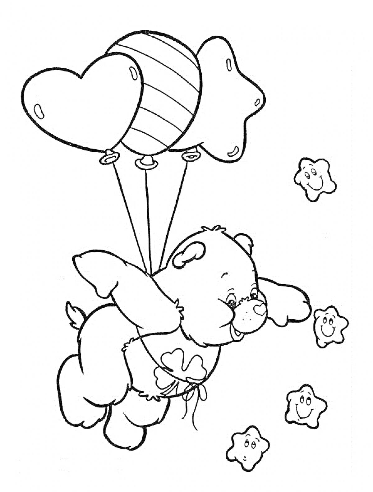 Раскраска Медвежонок летящий на трех воздушных шариках (два в форме сердца, один в форме звезды), с улыбающимися звёздами