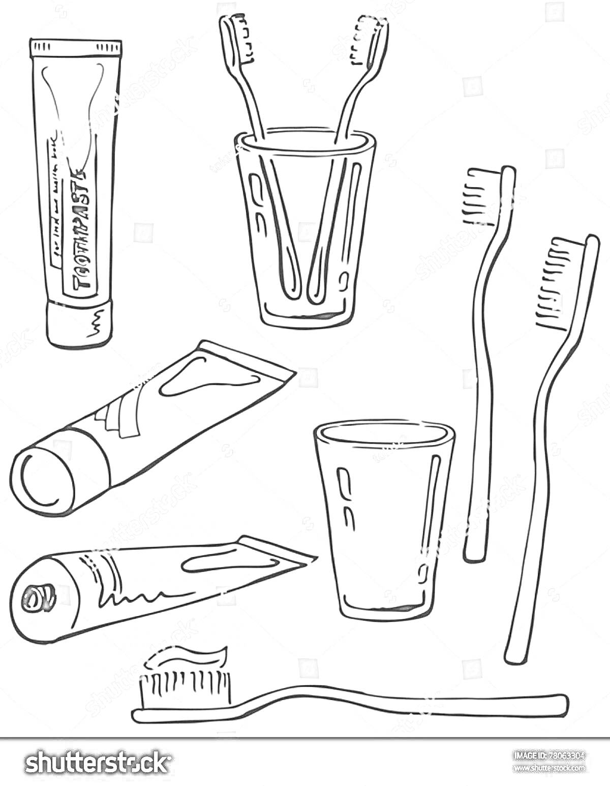 Раскраска Зубная паста, зубные щетки и стаканы