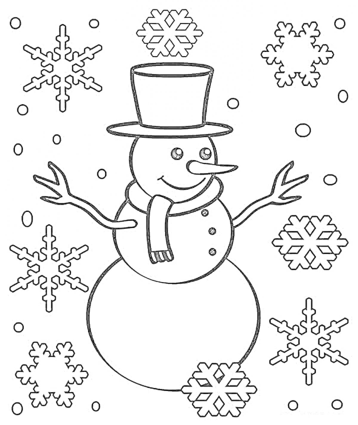 Раскраска Снеговик в шляпе и шарфе с пуговицами на животе, снежинки, снег