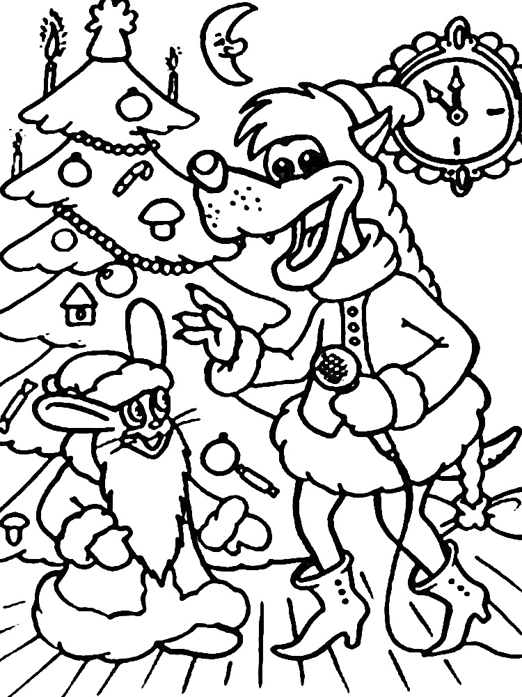 Раскраска Волк и Заяц на новогоднем празднике перед ёлкой с микрофоном и подарками, луной и часами на заднем плане