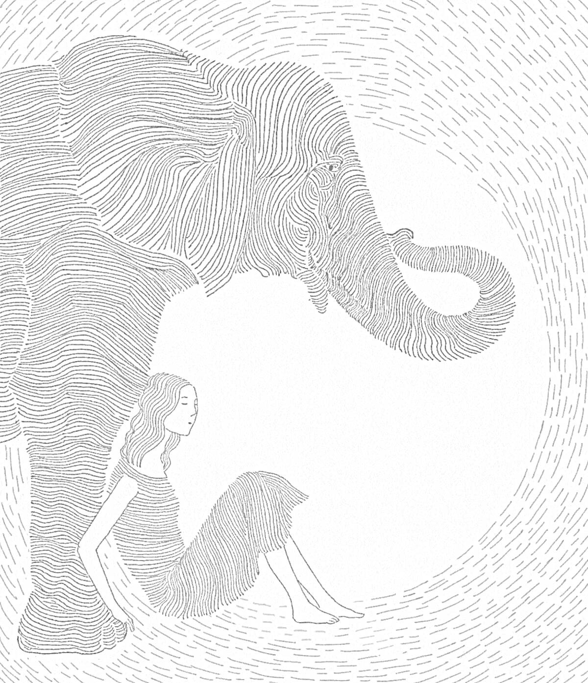 Раскраска Девочка и слон на фоне узорных линий