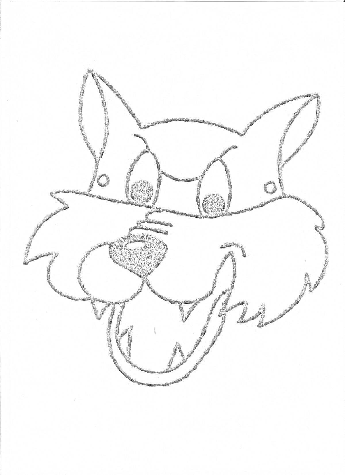 Раскраска маска волка с открытым ртом и острыми зубами, большие глаза, улыбающийся, крупные уши