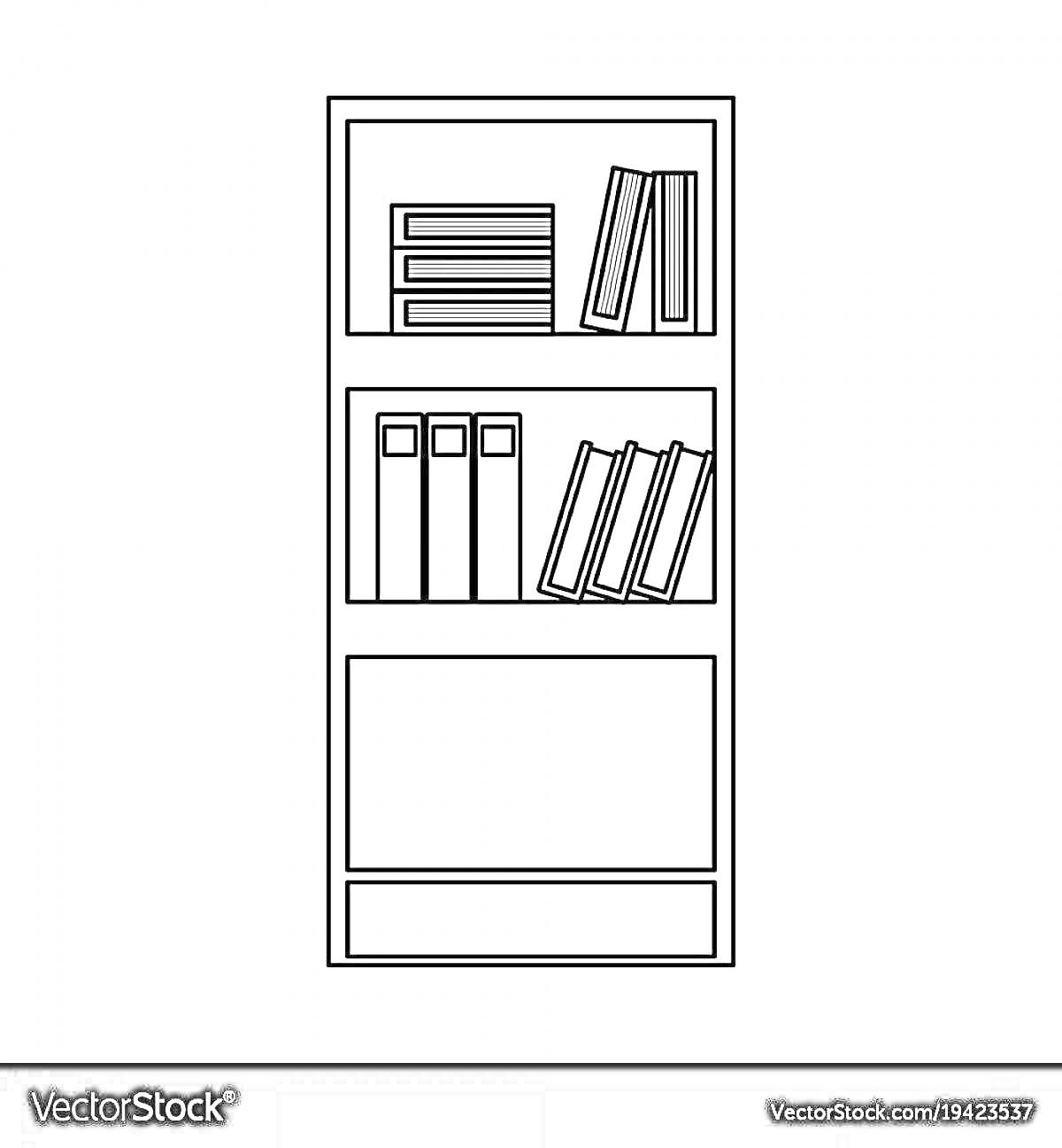 Раскраска Шкаф с книгами и папками в два ряда и пустой средней полкой