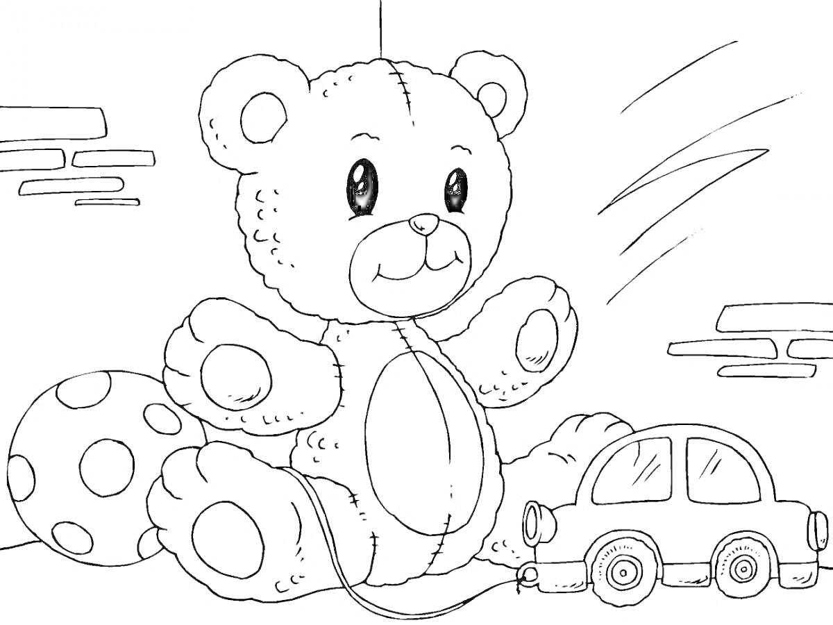 На раскраске изображено: Медведь, Детские игрушки