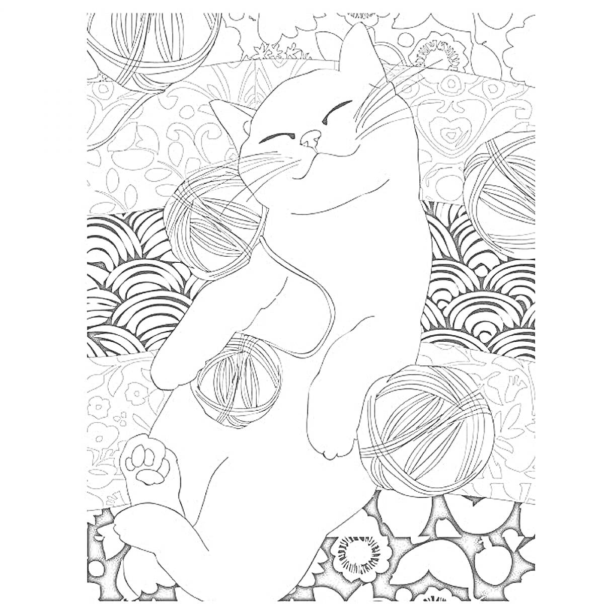 Раскраска Кот с клубками ниток на декоративном фоне