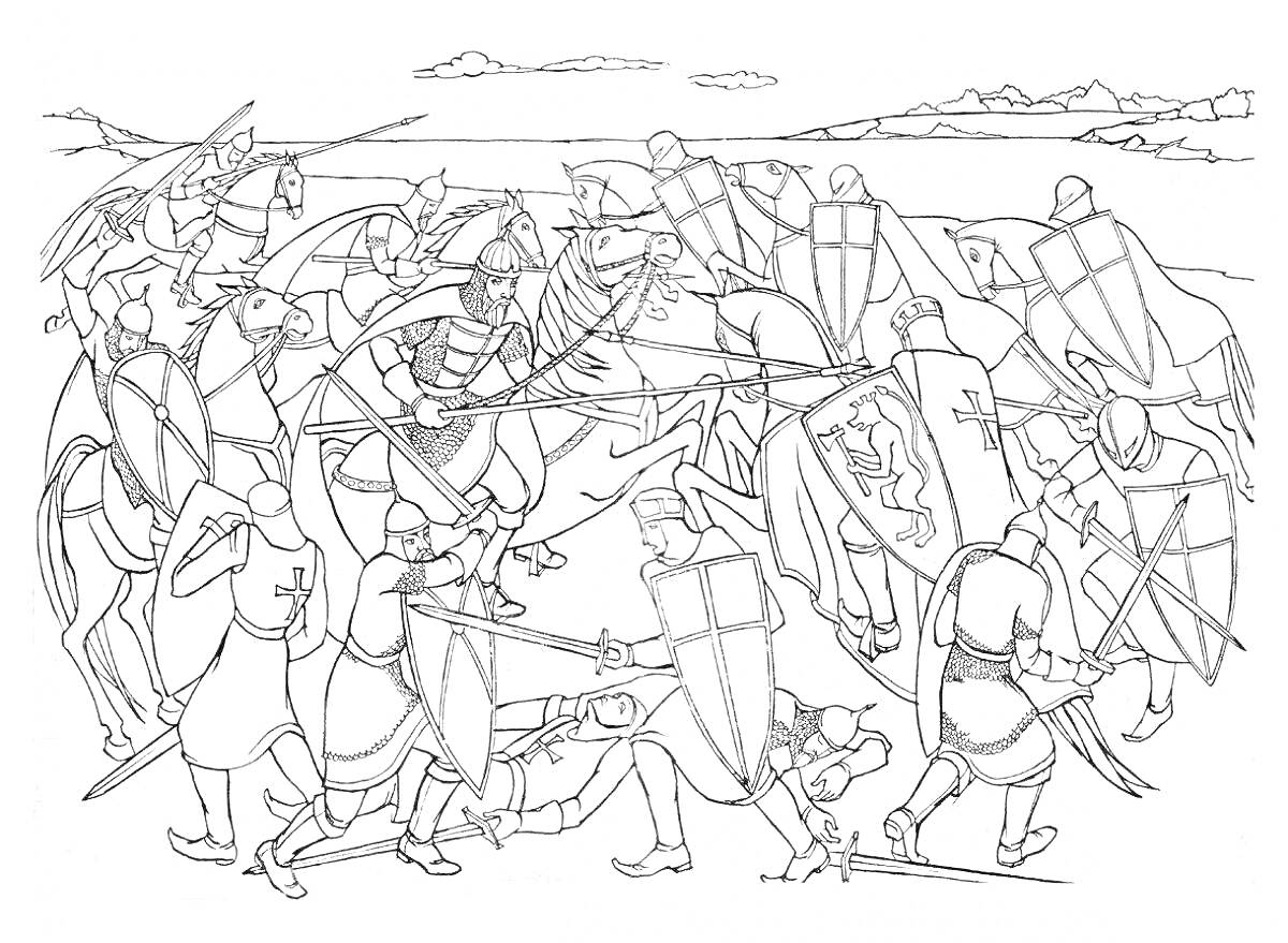 На раскраске изображено: Куликовская битва, Сражение, Оружие, История, Рыцари