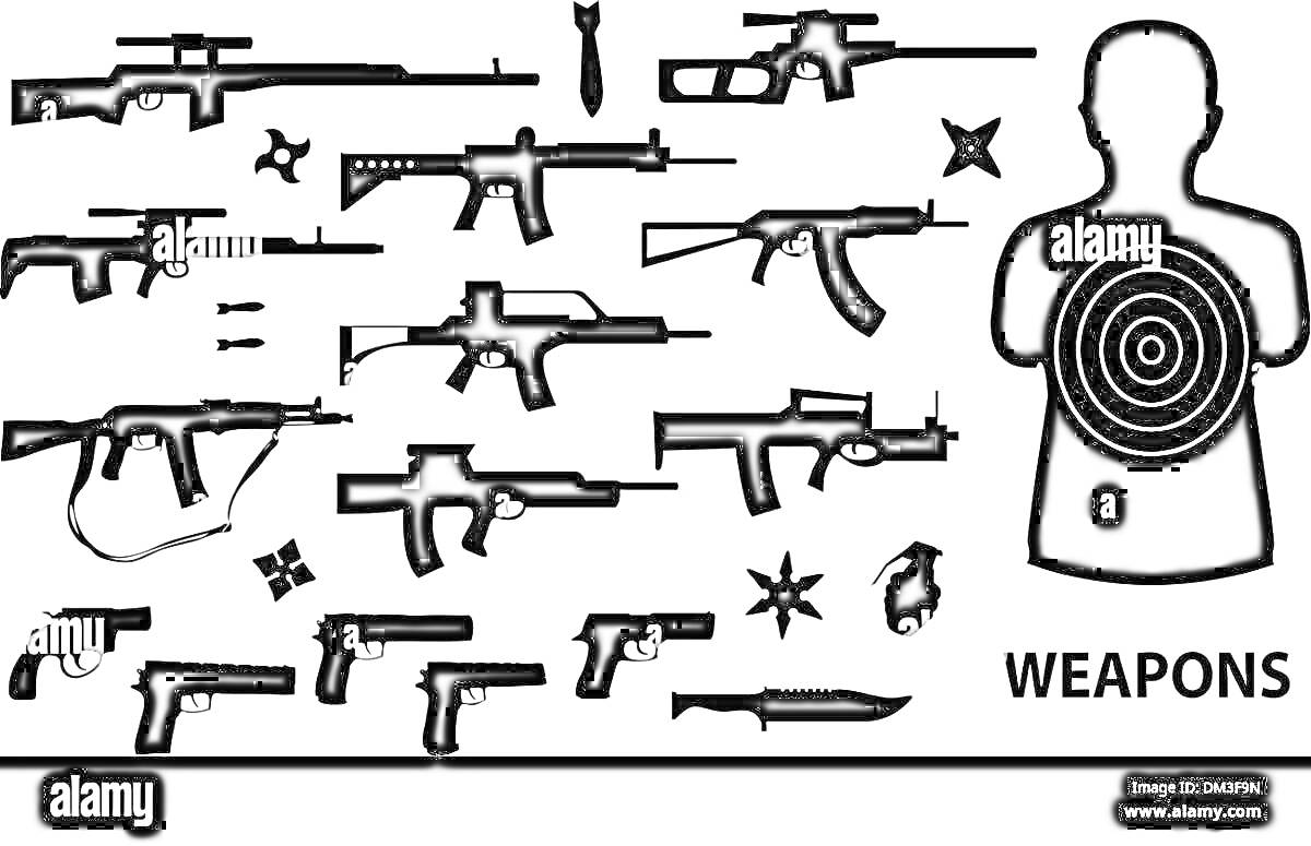На раскраске изображено: Огнестрельное оружие, Мишень, Стрельба, Нож, Сюрикены, Оружие, Автомат, Винтовка, Граната, Пистолет