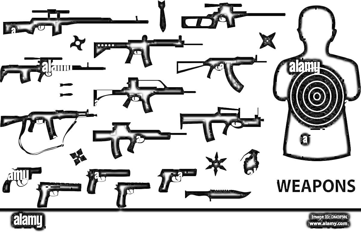 На раскраске изображено: Огнестрельное оружие, Мишень, Стрельба, Нож, Сюрикены, Оружие, Боеприпасы, Автомат, Винтовка, Граната, Пистолет