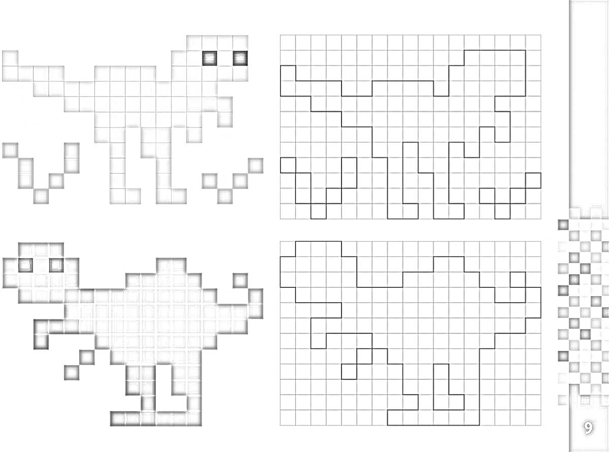 Раскраска Пиксель арт по номерам с динозавром, сетка для раскраски по номерам