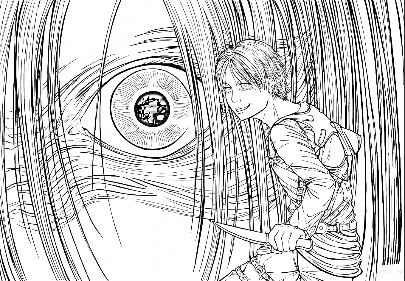 Раскраска Герой с мечом против Титана с крупным глазом на переднем плане