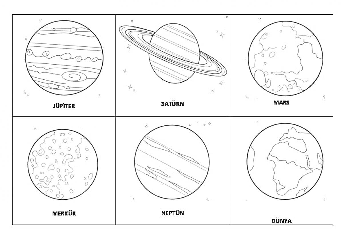 Раскраска Планеты Солнечной системы - Юпитер, Сатурн, Марс, Меркурий, Нептун, Земля