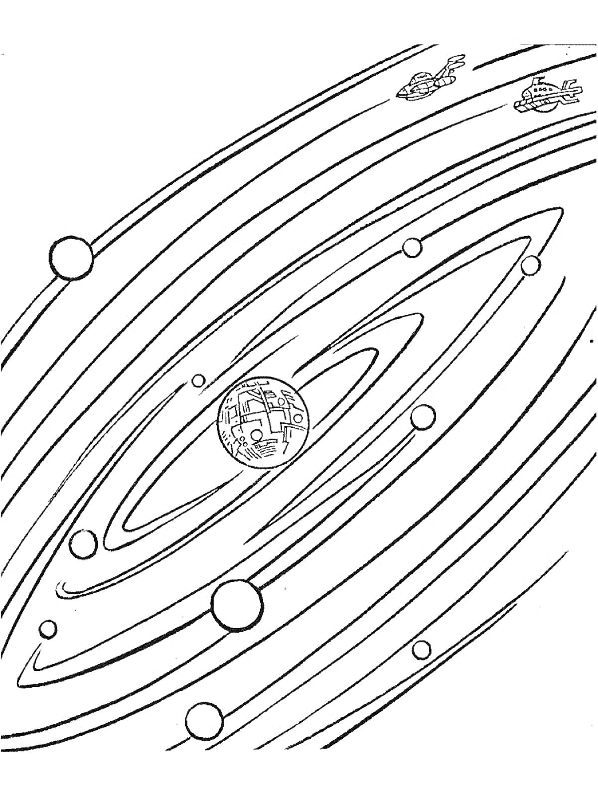 На раскраске изображено: Солнечная система, Планеты, Спутники, Орбиты, Космос