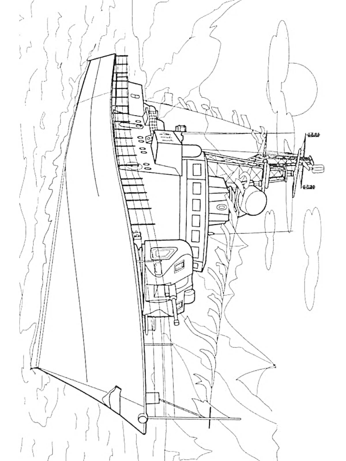 Раскраска Корабль на фоне гор и облаков