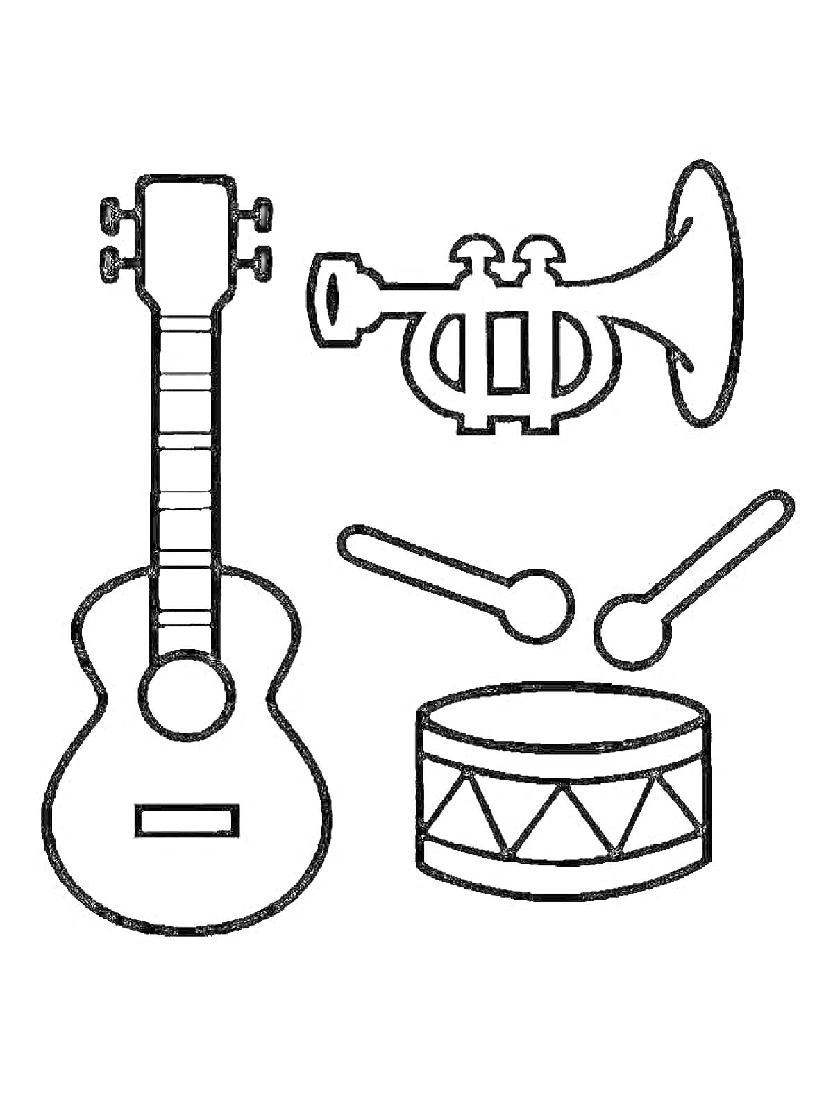 На раскраске изображено: Музыкальные инструменты, Гитара, Барабан, Палочки для барабана, Труба, 1 класс, Детские, Музыка, Барабанные палочки