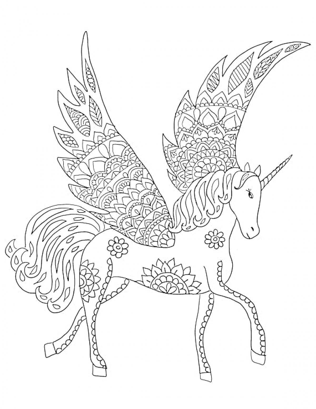 Раскраска Единорог с узорами на теле и большими крыльями