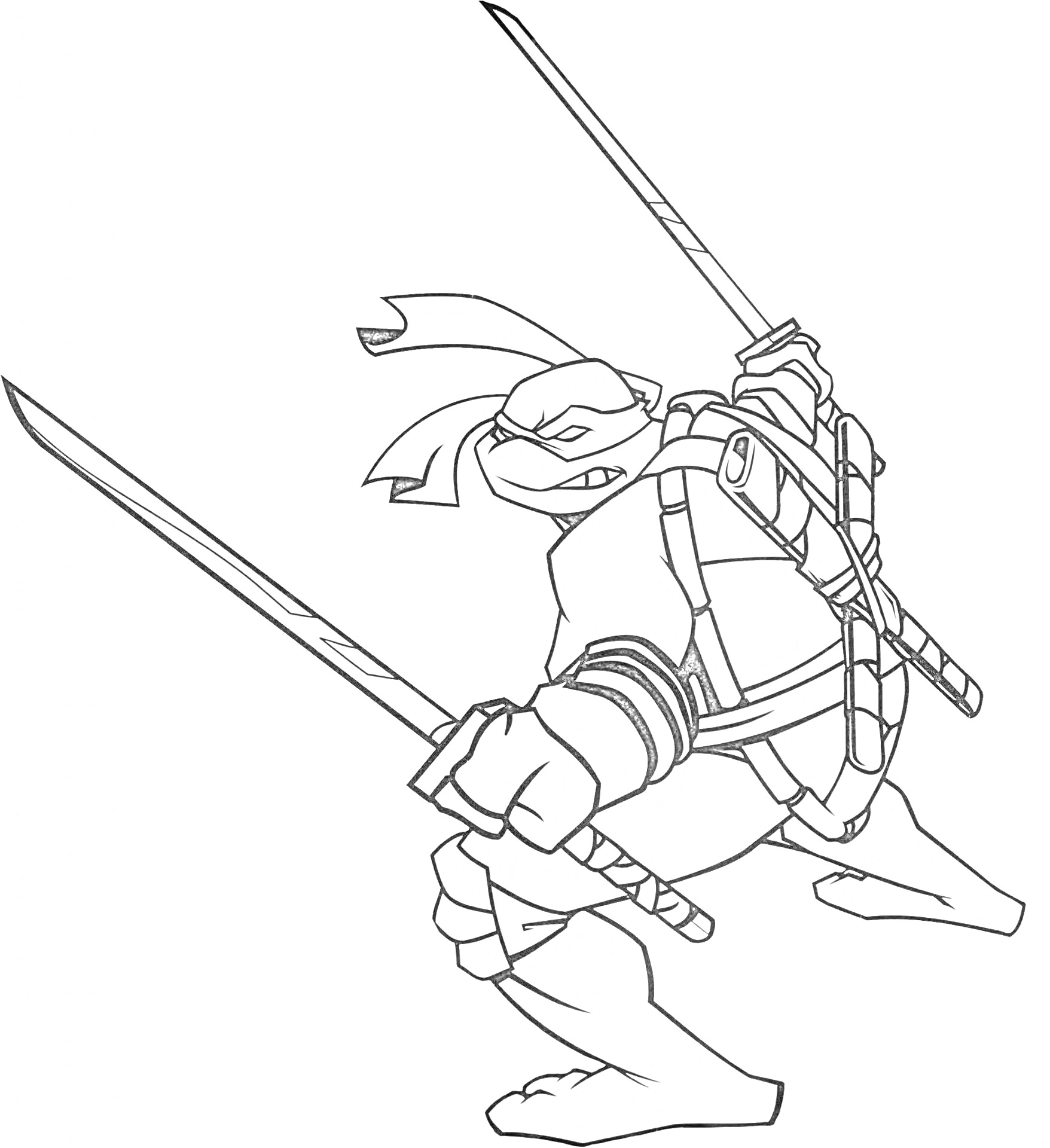 Черепашка-ниндзя с двумя мечами в боевой стойке