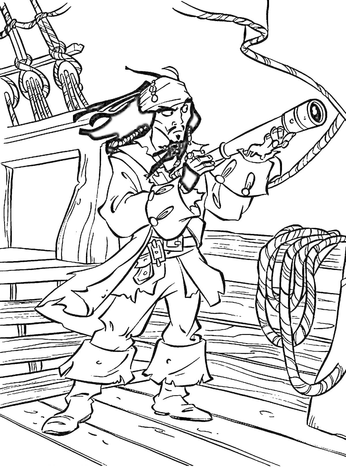 Раскраска Джек Воробей на палубе корабля с подзорной трубой в руке, веревки и мачта на заднем плане