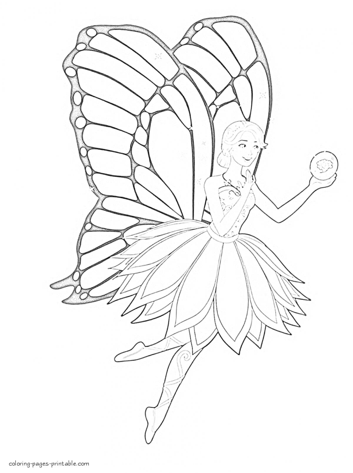 Раскраска Принцесса с крыльями бабочки, держащая шарик, в платье с лепестками