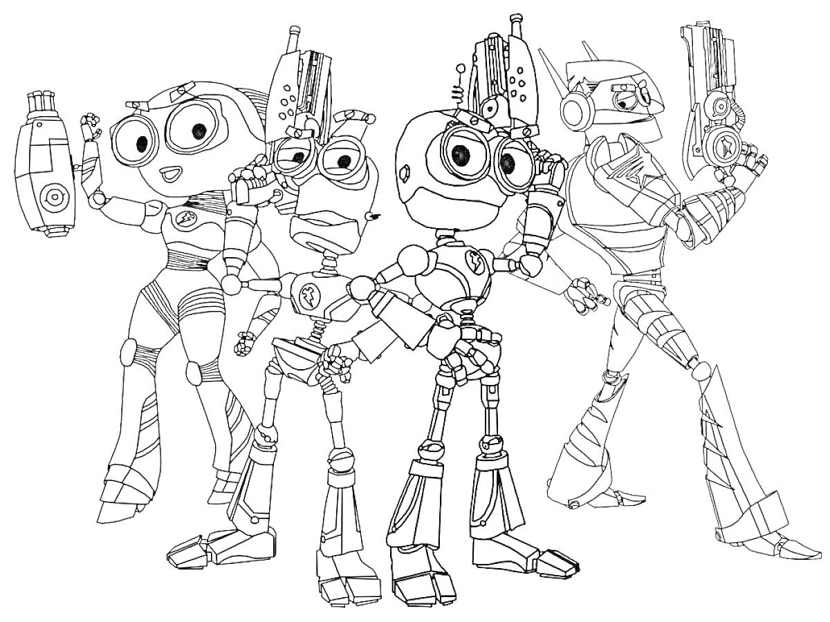 Раскраска Команда Петроникс с бластерами - четыре робота в разные позы с оружием в руках