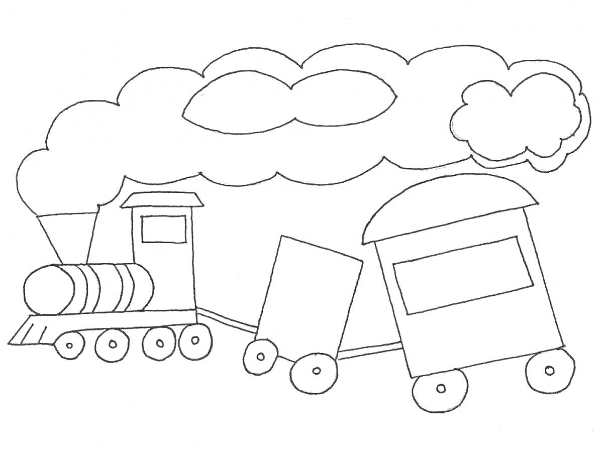 На раскраске изображено: Паровоз, Вагоны, Дым, Транспорт, Поезд