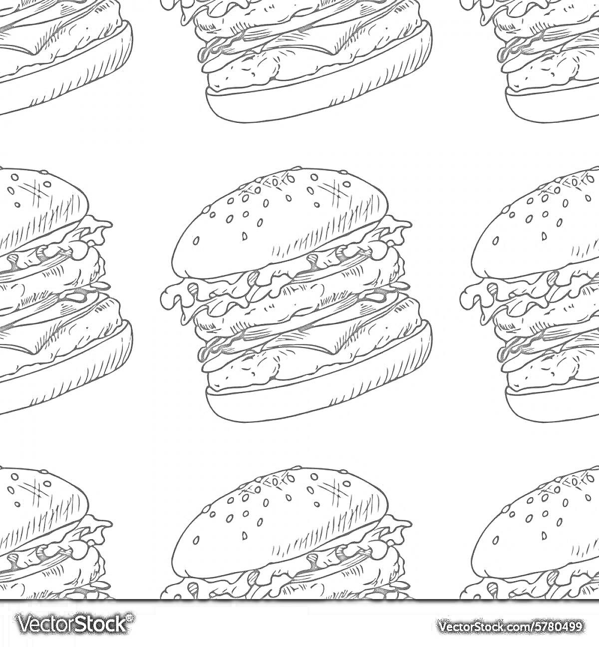 На раскраске изображено: Гамбургер, Еда, Булочка, Котлета, Салат, Сыр, Фон