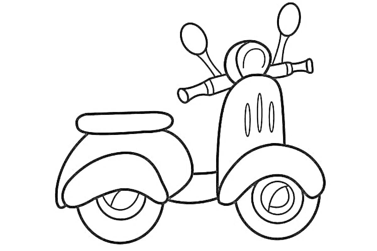 На раскраске изображено: Скутер, Транспорт, Колеса, Зеркало, Сидение