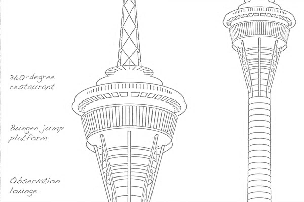 Раскраска Останкинская башня c 360-Graders Restaurant, Bungee Jump Platform и Observation Lounge