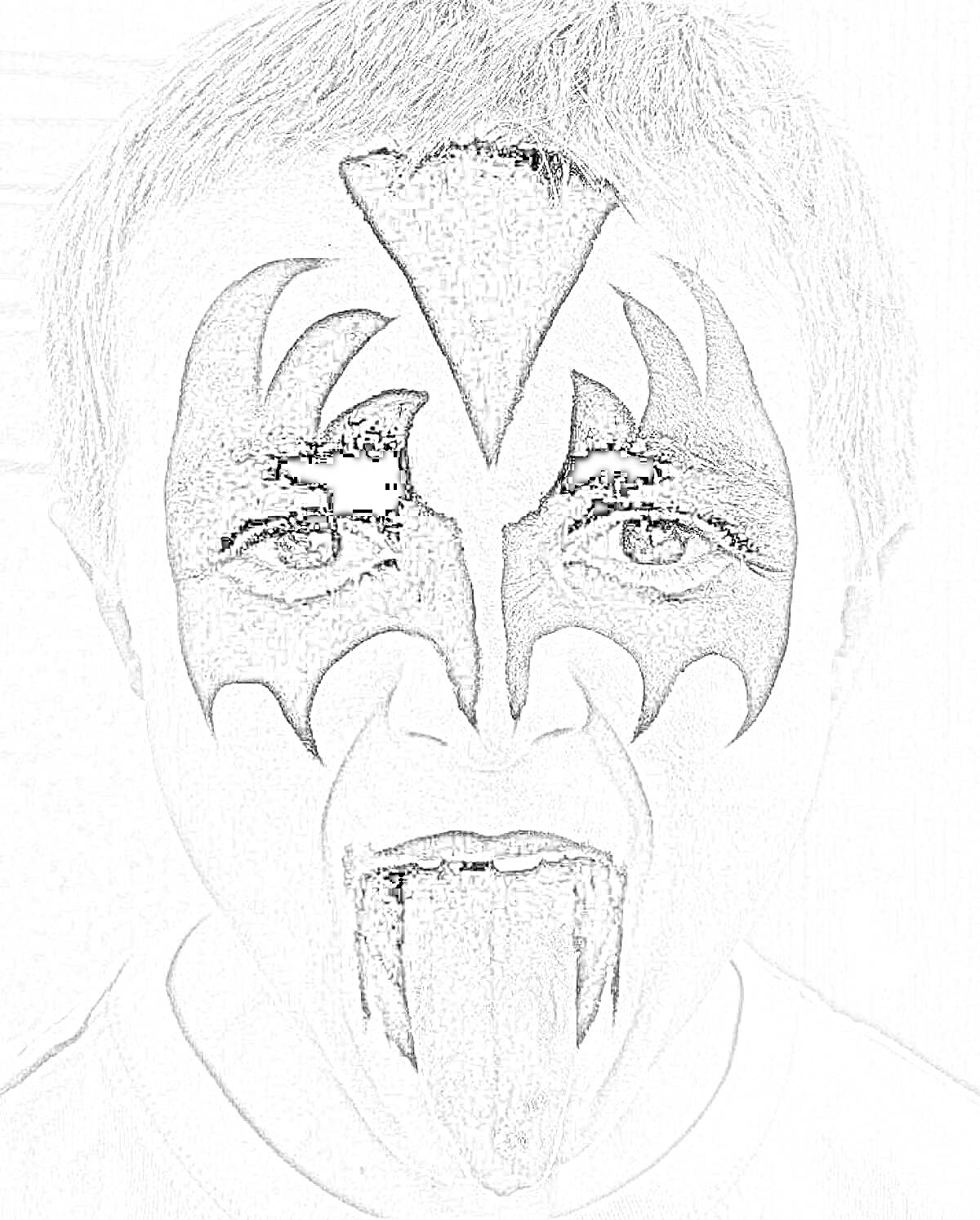 Раскраска мальчик с крещенским гримом на лице, похожим на маскировку, высунутый язык, в черно-белом цветовом формате