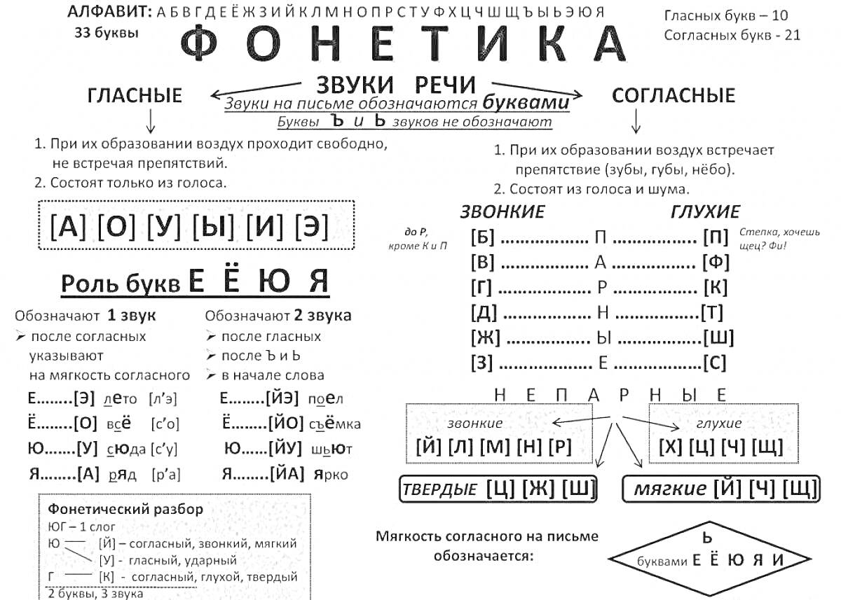 Раскраска Фонетический разбор с голосными и согласными звуками, таблицей звонких и глухих звуков, а также таблицей роли букв Е, Ё, Ю, Я в разных позициях.