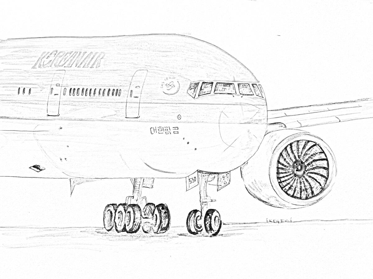 Раскраска Боинг 777 с видом на переднюю часть самолета, турбовинтовые двигатели, шасси, иллюминаторы, двери.