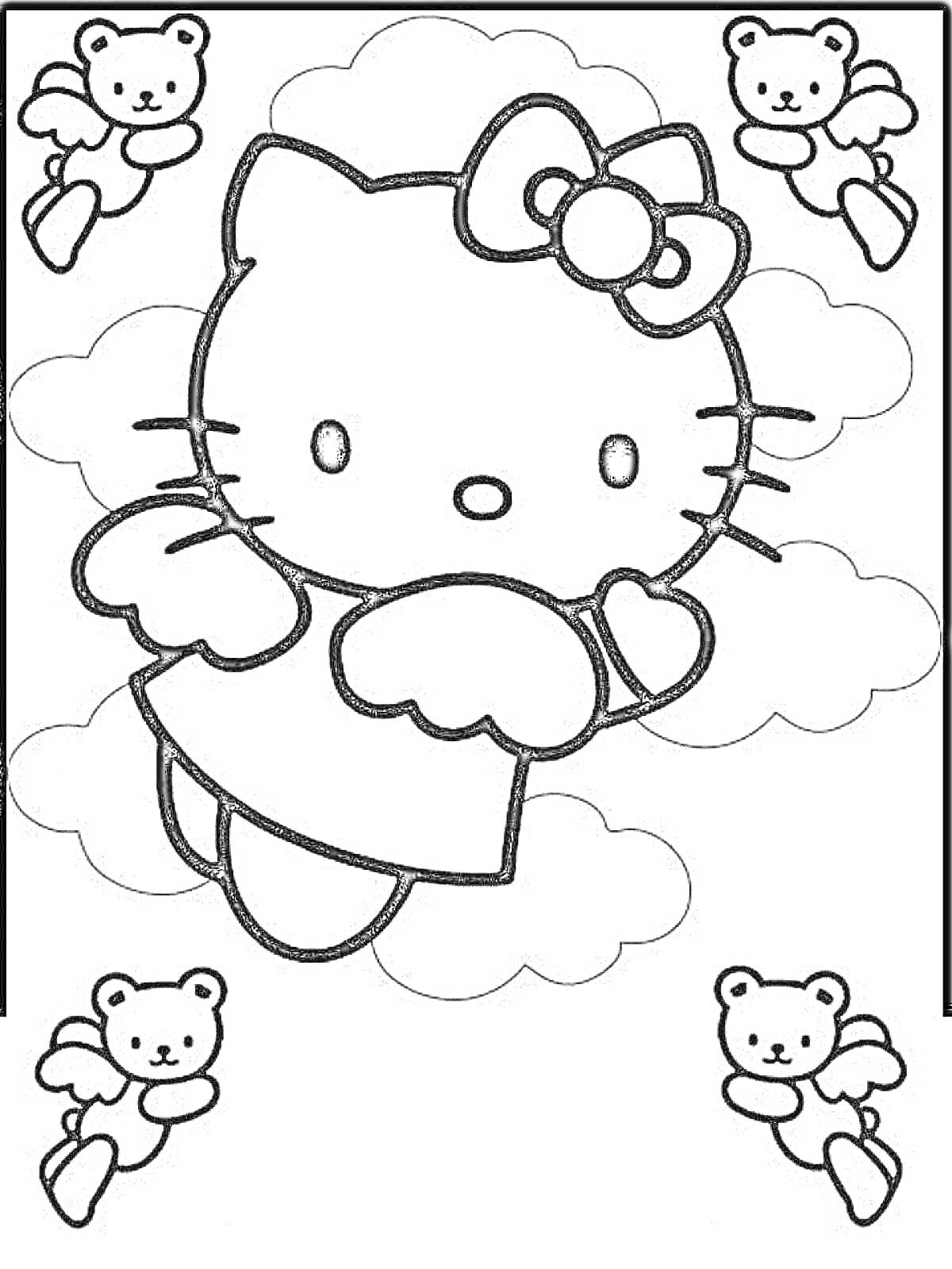 Раскраска Хелло Китти с ангельскими крыльями в облаках и четверо плюшевых медвежат с крыльями на заднем плане