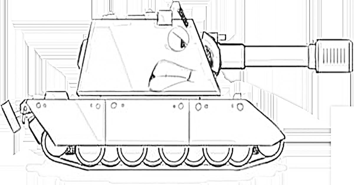 Раскраска Танковая раскраска с глазами и орудием, танк с выражающим эмоции лицом, монокуляр, гусеницы