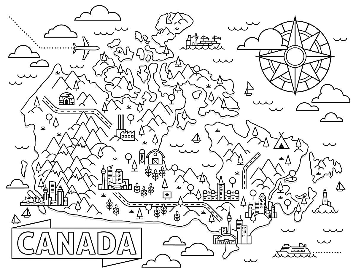 На раскраске изображено: Канада, Карта, Города, Горы, Лес, Корабль, Компас, Облака
