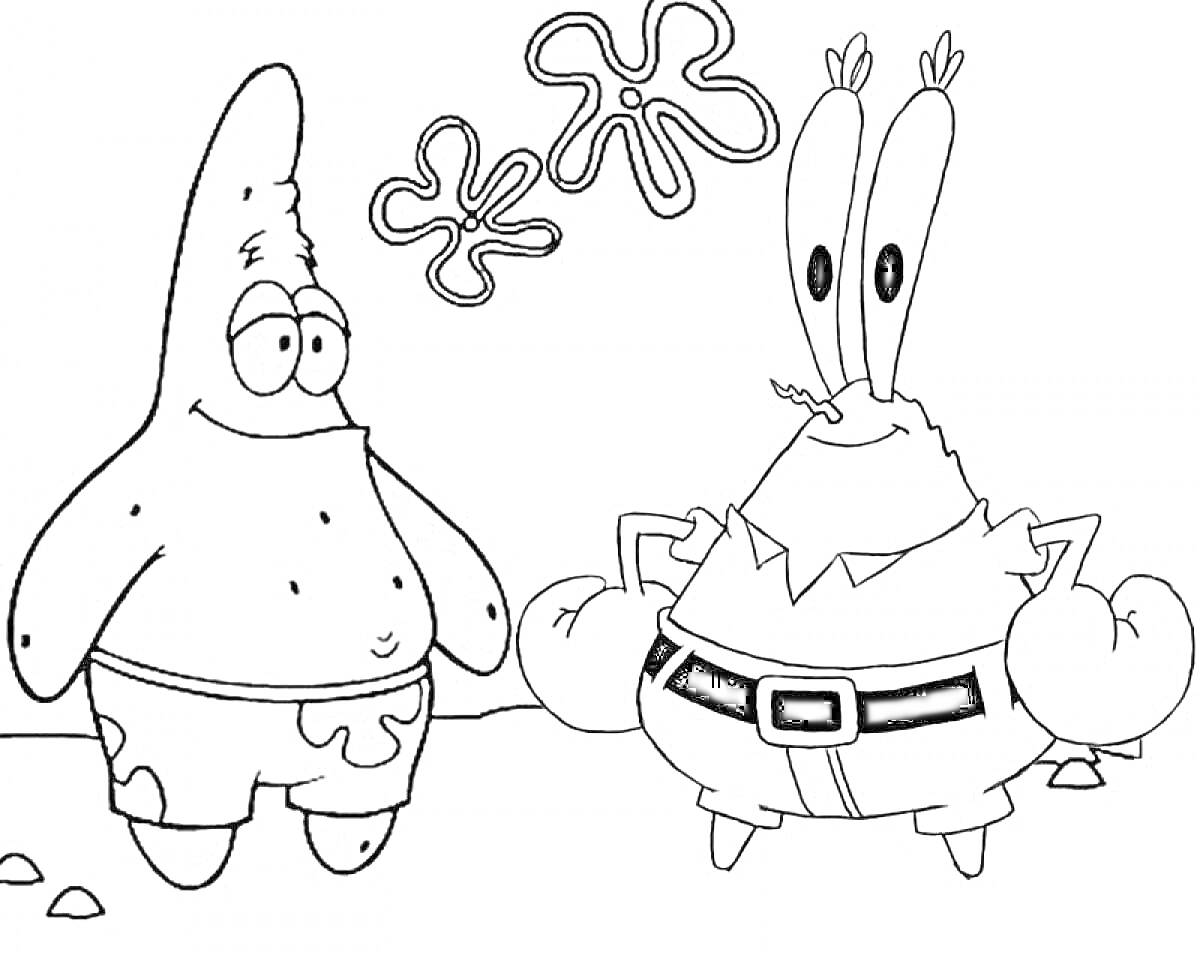 Раскраска Патрик и мистер Крабс на фоне подводных водорослей и камней