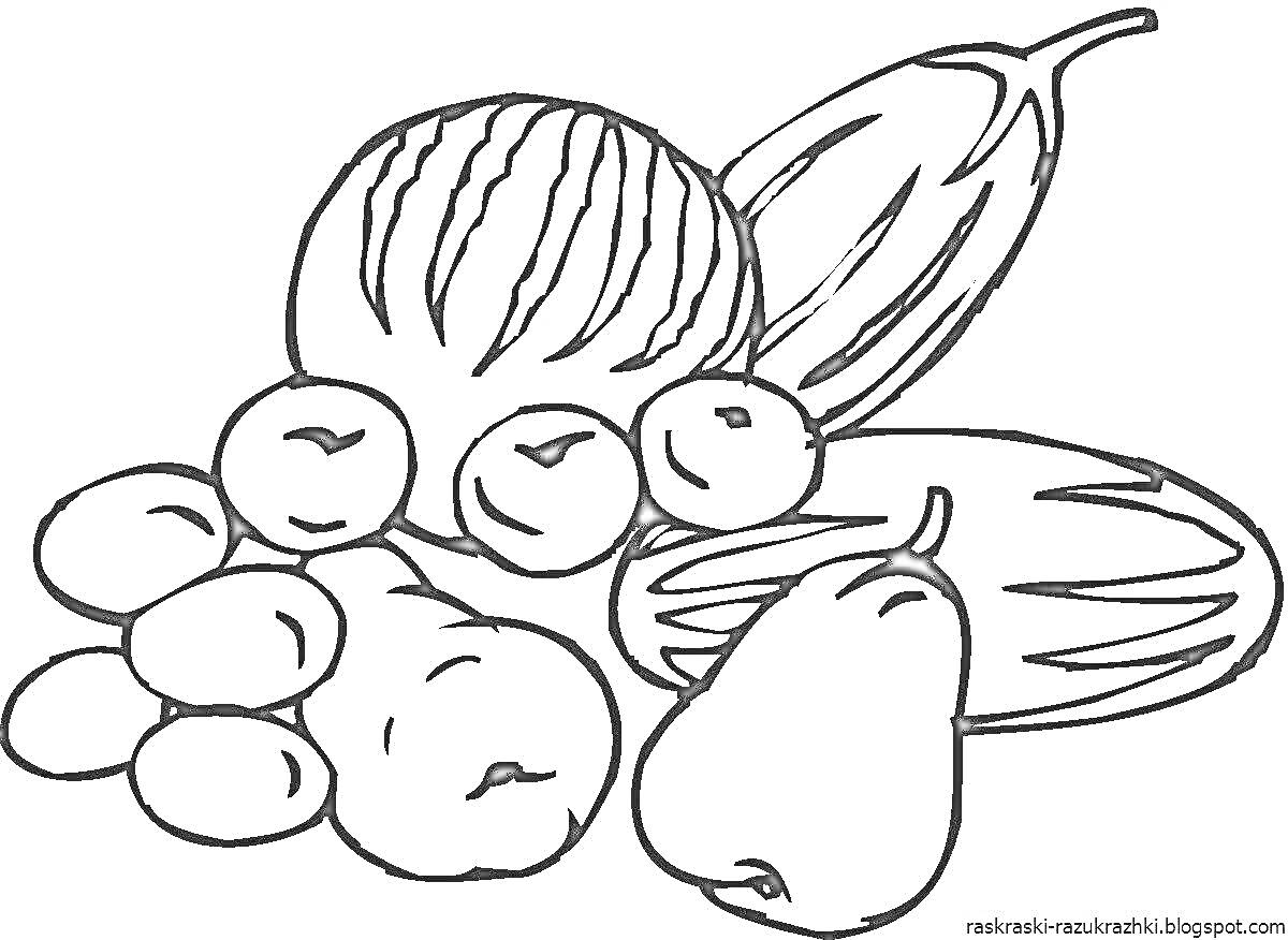 На раскраске изображено: Фрукты, Овощи, Арбуз, Картофель, Огурец, Витамины, Для детей